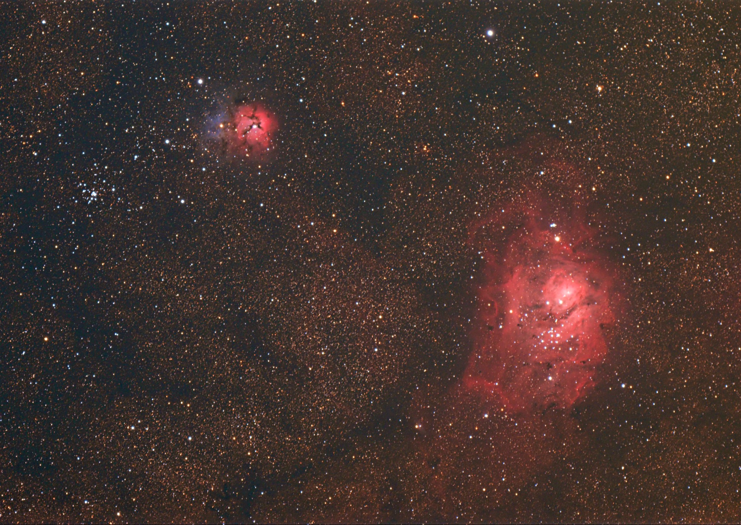 Messier 8 (Lagoon Nebula), Messier 20 (Trifid Nebula), and Messier 21 (Webb’s Cross)